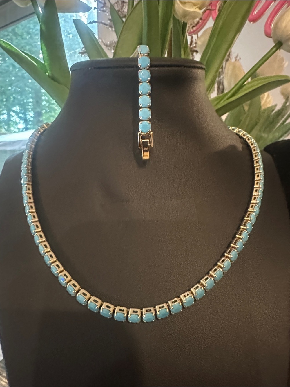 Turquoise Stone Tennis Necklace and Bracelet Set